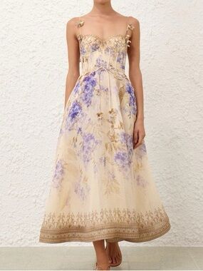 Zimmermann Dawning Picnic Cream Midi Dress with Lavender Floral Print